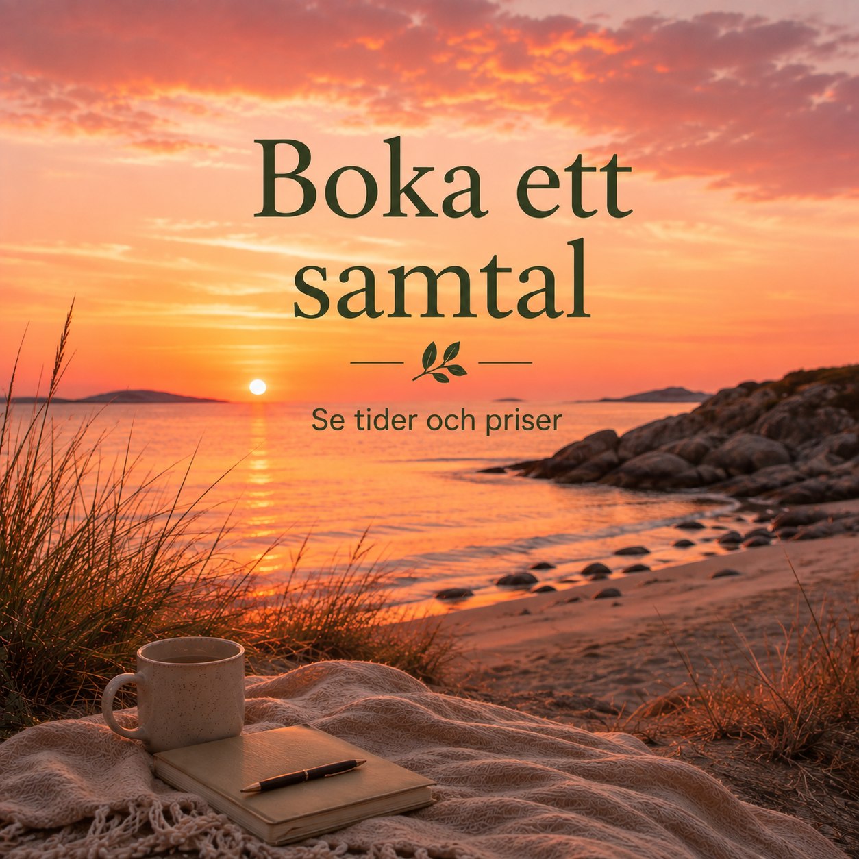 Hav i solnedgång med texten Boka ett samtal och Se tider och priser