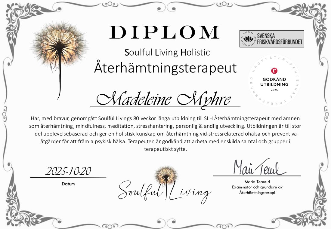 Diplom för Madeleine Myhres utbildning till SLH Återhämtningsterapeut